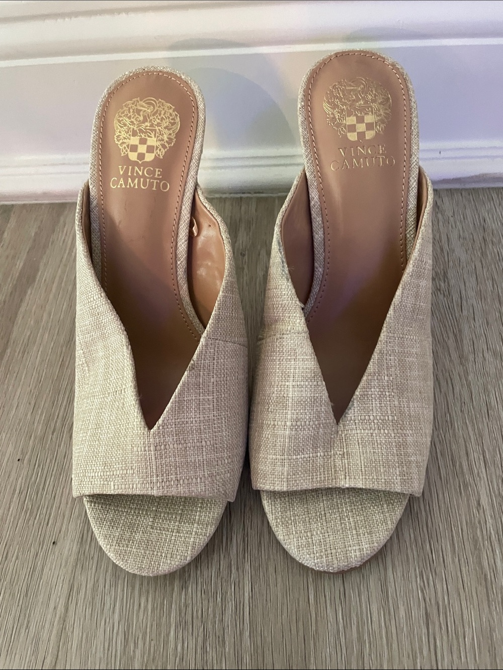 Vince Camuto Taupe Linen-Look Open-Toe Mules
